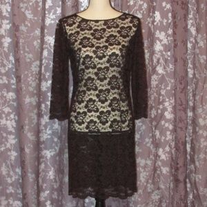 Vintage Dark Brown Lace Dress, Sheer Sheath / 6/8